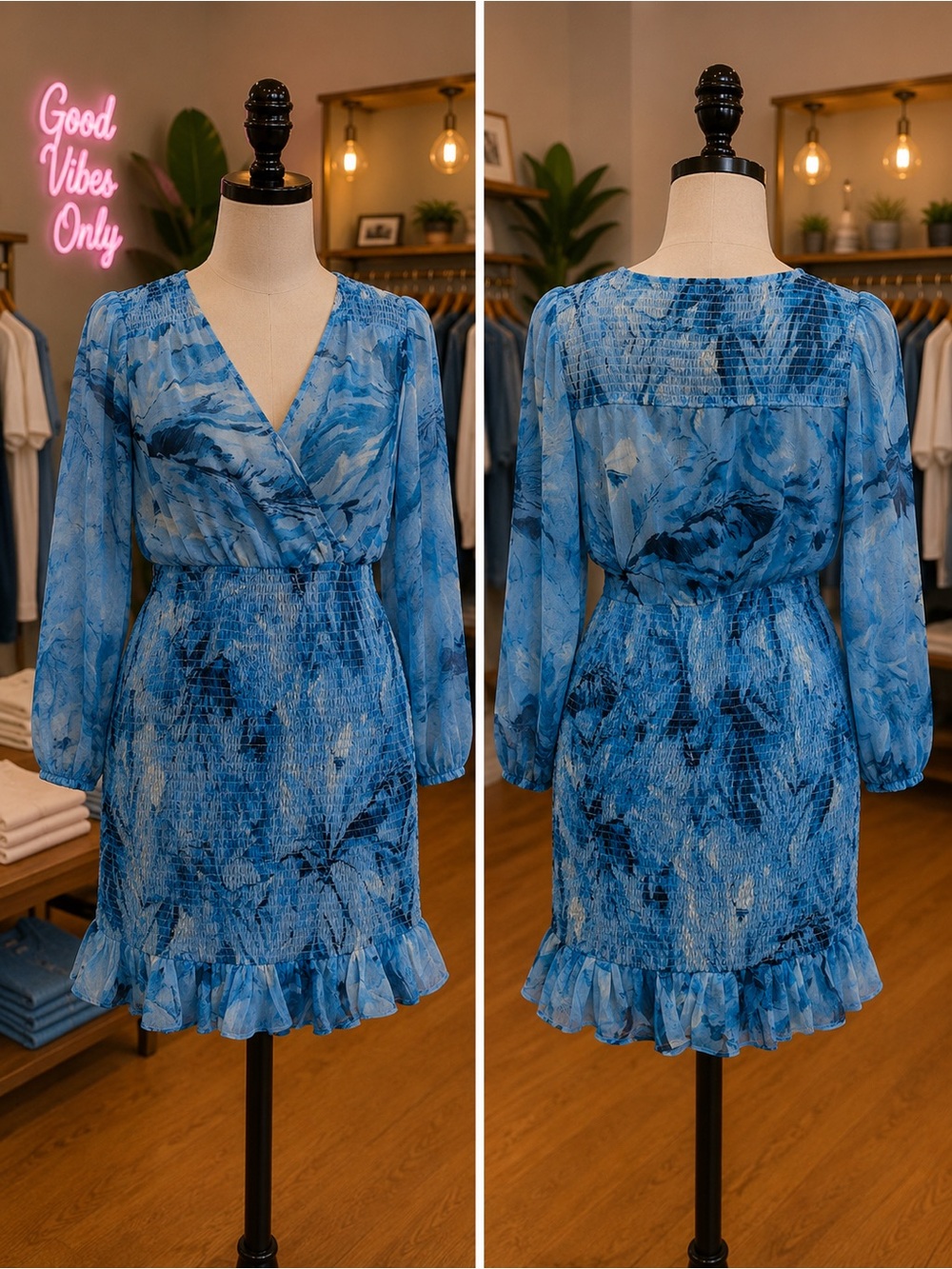 BCBG Blue Printed Long-Sleeve Smocked Waist Mini Dress